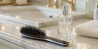 Bottle of anti-frizz smoothing cream next to a hairbrush for creating smooth glass hair.