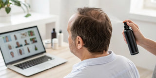 Man applying hair thickening fiber spray to thinning areas while shopping for it online.