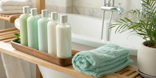 Bottles of volume shampoo on a tray used to achieve fuller, lifted hair.