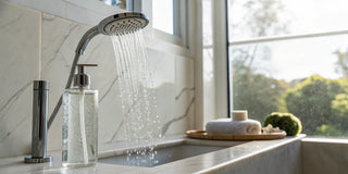 A bottle of moisture shampoo on a shower ledge with water spraying from a shower head.
