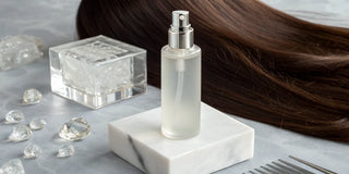 A bottle of Rapid Rescue Shine Spray for dull hair next to long, shiny, protected hair.