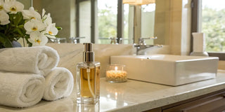 A bottle of keratin leave-in conditioner spray on a bathroom counter.