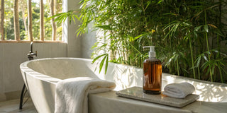 A bottle of bamboo extract shampoo with bamboo plants for promoting hair strength.