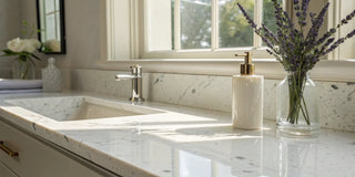 A bottle of anti-frizz hair cream on a marble counter, available to buy online.