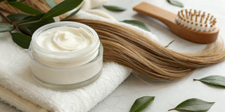 A jar of smoothing cream for dry hair with a brush and a single smooth, healthy strand of hair.