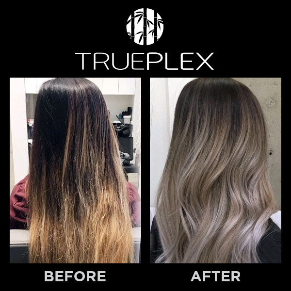 Trước và sau khi sử dụng keratin thuần chay Trueplex BambooMiracle Blowout-Zero